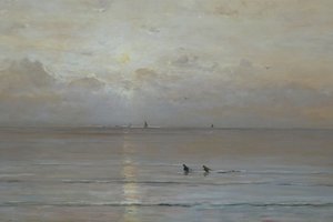 Holandês: Pôr do sol com pescadores de camarão de Hendrik Willem Mesdag
