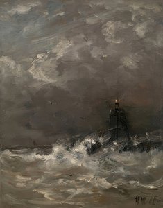 Farol em ondas quebrando. Por volta de 1900-07
