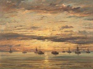 Pôr do sol em Scheveningen: uma frota de navios de pesca em âncora