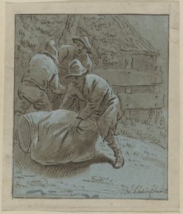 Três homens numa paisagem perto de um barril deitado e de um saco de Hendrik Willem Schweickhardt (signed by artist)