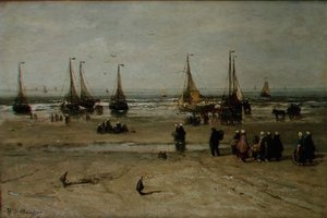 Paisagem costeira com embarcações de pesca e pescadores de Hendrik William Mesdag