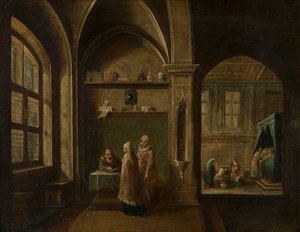 Um Interior renascentista com figuras: O Nascimento de São João, c.1600-49 (óleo sobre cobre)