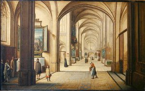Interior da igreja com um sacristão mostrando uma pintura para os visitantes, 1608 (óleo no cartão)
