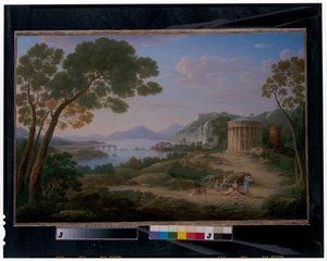 Uma extensa paisagem clássica com figuras sentadas diante de um tempietto