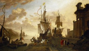 Navegação em Livorno (Itália), dois navios atracados no cais, descrição idealizada do principal porto da Toscana, encruzilhada marítima entre o Oriente e o mundo muçulmano, representado pelo camelo e pelas figuras não europeias, e a Europa, simbolizada pel