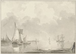 Vista ao largo da costa com navios em águas paradas de Hendrik van den Helm