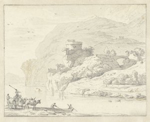 Paisagem montanhosa italiana com pastores e gado e duas figuras em um barco atravessando o rio de Hendrik van der Straaten (attributed to)