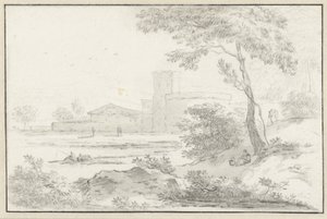 Paisagem italianizada com edifício fortificado ao fundo de Hendrik van der Straaten