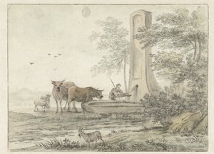 Paisagem italiana com pastor e seu gado e ovelhas em uma fonte de Hendrik van der Straaten