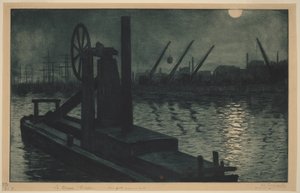 A draga de Dieppe, uma draga no porto de Dieppe ao luar