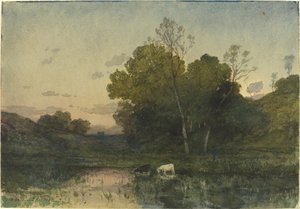 Luz da noite em um lago arborizado com gado bebendo de Henri-Joseph Harpignies