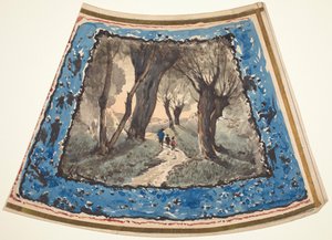 Viajantes num caminho arborizado com uma orla de figuras caprichosas e macacos de Henri-Joseph Harpignies