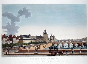 Vista do Mercado das Flores pelo Palais de Justice, c.1816-20 (gravação a cores)