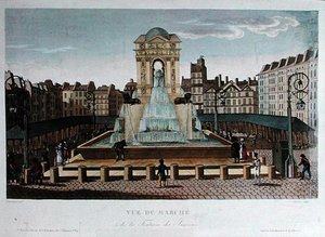 Vista da Marche des Innocents, gravada por Eugene Dubois, c.1815-20 (gravação a cores)