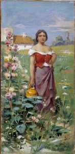 Camargaise um jarro Jovem mulher vestida com um cigano em um campo. Pintura de Adrien Henri Tanoux (1865-1923) Séc. XX Menção obrigatória: Colecção fondation respeita de Provence, Marselha