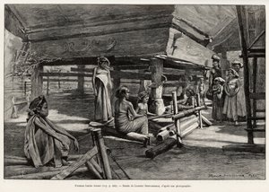Mulheres Batak, grupo étnico do norte de Sumatra, tecelagem. Gravura de Laurent Desrousseaux para ilustrar a história "um ano na Malásia", de Jules Claine (1856-1939), em 1889-1890, em Le tour du Monde 1892, dirigido por Edouard Charton (1807-1891), Hachet