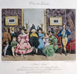 Representação humorística do comportamento e conversa dos convidados antes do jantar, gravada por François Seraphin Delpech (1778-1825) (cor litho)
