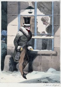 Um homem curioso a olhar pela janela dentro de uma casa: "Todos tomam o seu prazer onde ele o encontra" - em "Les pastemps" de Henri Monnier, Ed. Delpech, Paris de Henri Bonaventure Monnier