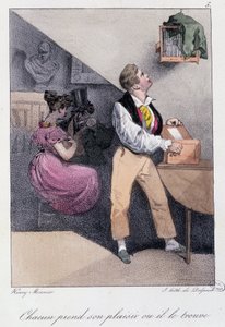Homem que cria pássaros enquanto a mulher o engana: "Todos têm o seu prazer ou ele encontra-o" - em "Les pastemps" de Henry Monnier, Ed. Delpech, Paris, v.1830 de Henri Bonaventure Monnier