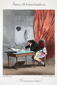 Supranumerário, ilustração de &39;Administrative Mores, Drawn From After Nature&39;, de Henri Monnier, litografada por Delpech, pub. Paris, c.1828 (litho colorido à mão) de Henri Bonaventure Monnier