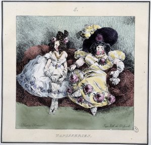 Mulheres feias fazendo "tapeçaria" sentadas em uma sala - em "Parisiennes" de Henri Monnier, ed. Delpech, Paris