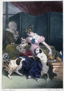 Menina com cães: "Todos levam o seu prazer onde ele o encontra" - em "Les pastemps" de Henri Monnier, Ed. Delpech, Paris de Henri Bonaventure Monnier