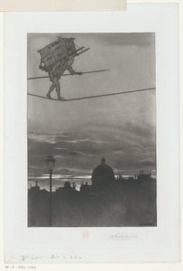 Andarilho de corda bamba com pacote nas costas sobre uma cidade
Página de título para: Henri Béraldi, Les Graveurs du XIXe siècle (...), 1888