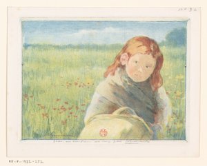 Menina com cesta em um prado de flores