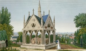 O túmulo de Heloise e Abelardo no cemitério de Pere Lachaise, 1815-20 (gravura de cor)