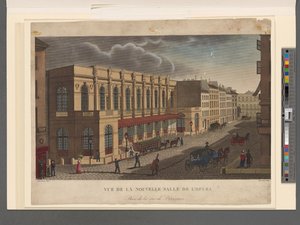 Vista do novo salão da Ópera tirada da rue de Provence, gravada por Rousseau, c.1821 de Henri Courvoisier-Voisin