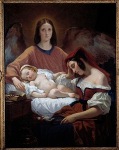 O Anjo da Guarda Um anjo cuida de uma mãe e do seu filho adormecido. Pintura de Henri Decaisne (1799-1852)
