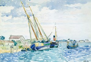Cena Marinha (Barcos perto de Veneza), 1903 (wc sobre grafite sobre papel branco de tufo montado a seco em cartão pesado) de Henri Edmond Cross