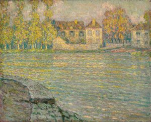Casas à beira do rio ao pôr do sol, Moret; Casas no rio ao pôr do sol, Moret de Henri Eugene Augustin Le Sidaner