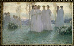 No domingo, Mulher vestida de branco falando em um jardim - Pintura de Henri Eugene (Henri-Eugene) Le Sidaner (1862-1939) de Henri Eugene Augustin Le Sidaner