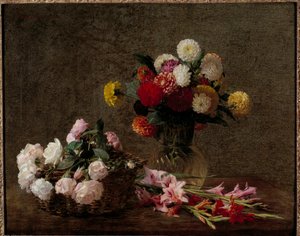 Dahlias e rosas numa cesta Pintura de Henri Fantin Latour (Fantin-Latour de Ignace Henri Jean Fantin Latour
