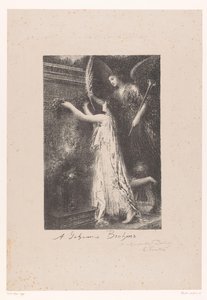 Anjo e personificação da fama trazem coroa de honra no túmulo de Johannes Brahms Á Johannes Brahms (título no objeto) de Ignace Henri Jean Fantin Latour