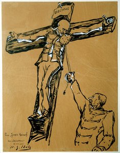 Sátira sobre o caso Dreyfus: "Capitão Dreyfus e General Mercier (1833-1921): o ministro da guerra que sentenciou Dreyfus, no lugar do soldado romano, estende uma esponja ao Capitão Dreyfus crucifica para que ele limpe o rosto" tinta chinesa e gouac de Henri Gabriel Ibels