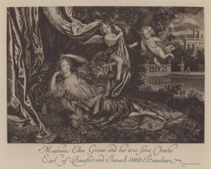 Nell Gwyn e seus dois filhos, Charles, Conde de Burford, e James, Lord Beauclerk (gravura)