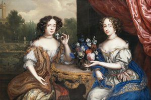 Um retrato duplo de Lady Maria Somália e Lady Anne Barrington, sentado três quartos por uma mesa com um vaso de flores,