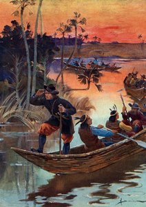 René Robert Cavelier de La Salle (1643-1687), explorador francês e seus companheiros descendo o rio Mississippi para a França de Henri-Gaston Darien