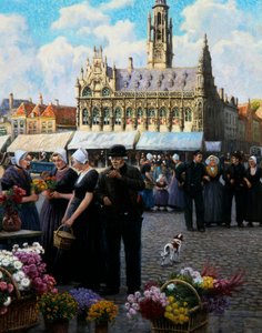 O mercado de flores em Middelburg (óleo sobre tela) de Henri Houben