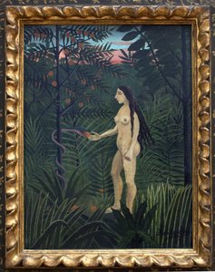 Eva no paraíso terrestre. Pintura de Henri Rousseau dit le Douanier Rousseau (1844-1910), óleo sobre tela, ca. 1906-1907. Arte francesa, século XX, arte naif. Kunsthalle, Hamburgo, Alemanha.