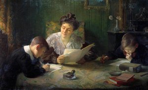 Trabalho de casa Uma mãe ajuda as crianças a fazer os seus trabalhos de casa. Pintura de Henri Jamet (1858-1940) Século XX Orleães, Musee des Beaux Arts de Henri Jamet