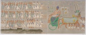 Relevos base coloridos da galeria sul do peristilo do palácio, placa 12 do Vol II de "Descrições do Egipto", gravada por Antoine Phelippeaux (b.1767) 1822 (aquatint) de Henri Joseph (after) Redoute
