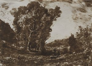 Dois barqueiros em um pântano perto de um aglomerado de árvores, c. 1857