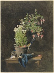 Um vaso de fúcsia com brinquedos infantis de Henri Joseph Harpignies