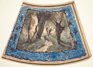 Viajantes em um caminho arborizado com uma borda de figuras caprichosas e macacos de Henri Joseph Harpignies