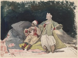 Duas bonecas ou fantoches sentados em almofadas de Henri Joseph Harpignies