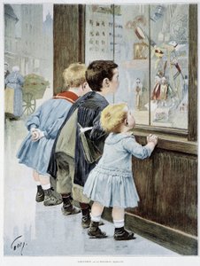 La Temptation: Crianças na frente de uma vitrine olhando para brinquedos - doente. por Geoffroy, em "Figaro ilustrado"