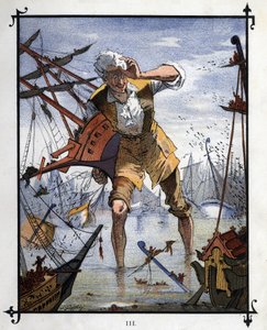 Lemuel Gulliver no centro de uma batalha naval entre os navios de Lilliput e Blefuscu. Ilustração para "Gulliver